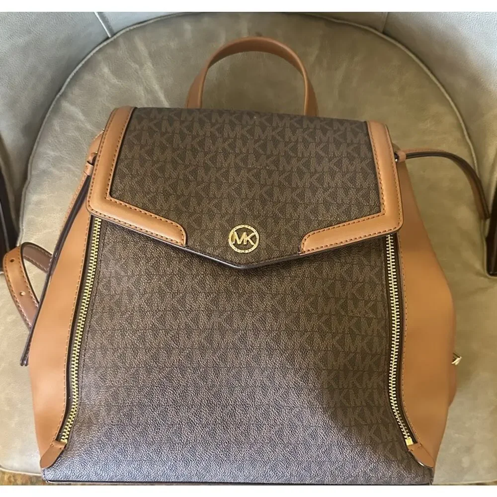 Michael Kors Signature Logo Brown Backpack Acorn Leather Trim Zip Pockets